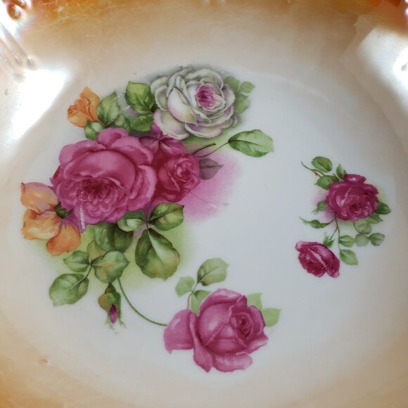 Antique German Lusterware Serving Bowl Orange with Roses, 9.25" - Picture 3 of 7